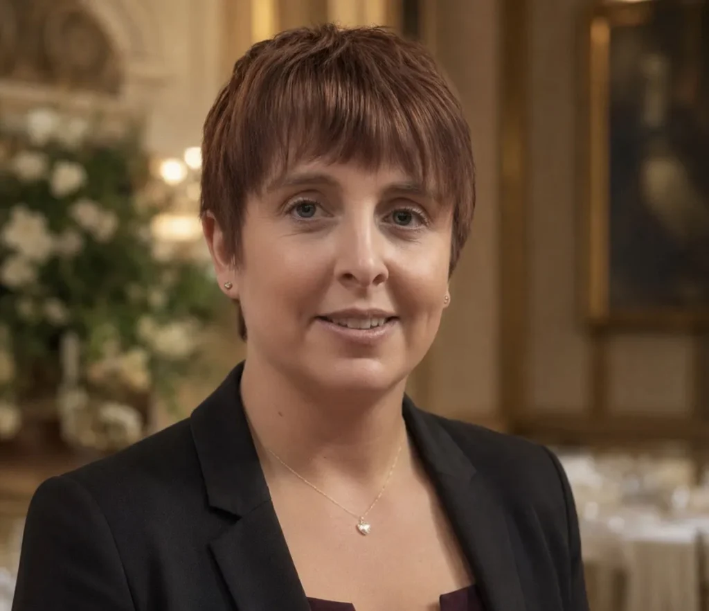 Portrait of a person in formal attire, smiling in an elegant room with floral decor.
