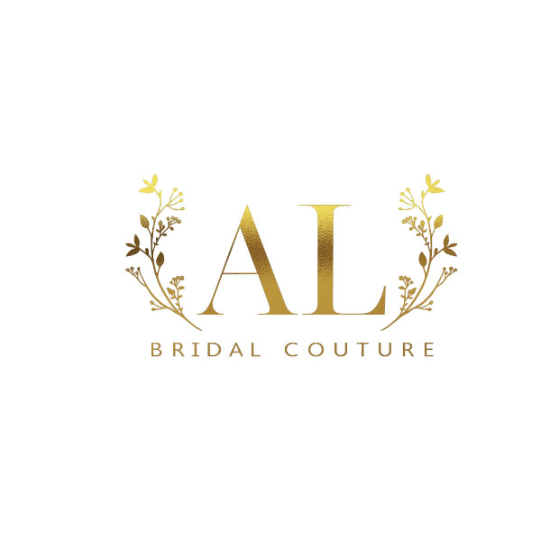 Elegant AL Bridal Couture logo in gold with floral accents on a white background.