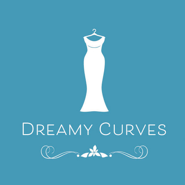 Elegant logo with a white dress silhouette and floral accents on blue, text: Dreamy Curves.