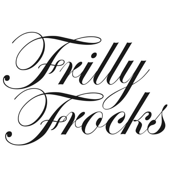 Elegant script design spelling out 'Frilly Frocks' for a fashion brand logo.