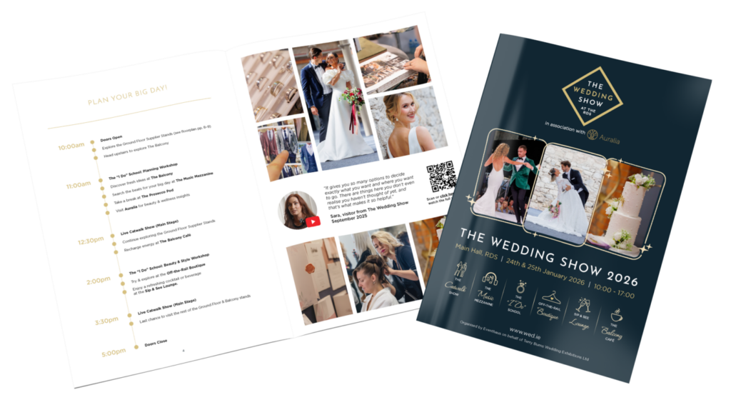 Wedding Show 2026 program with schedule, workshops, and event highlights for January 24-25 at RDS Main Hall.