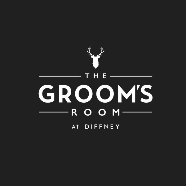 Logo of The Groom's Room at Diffney with stag icon on black background.