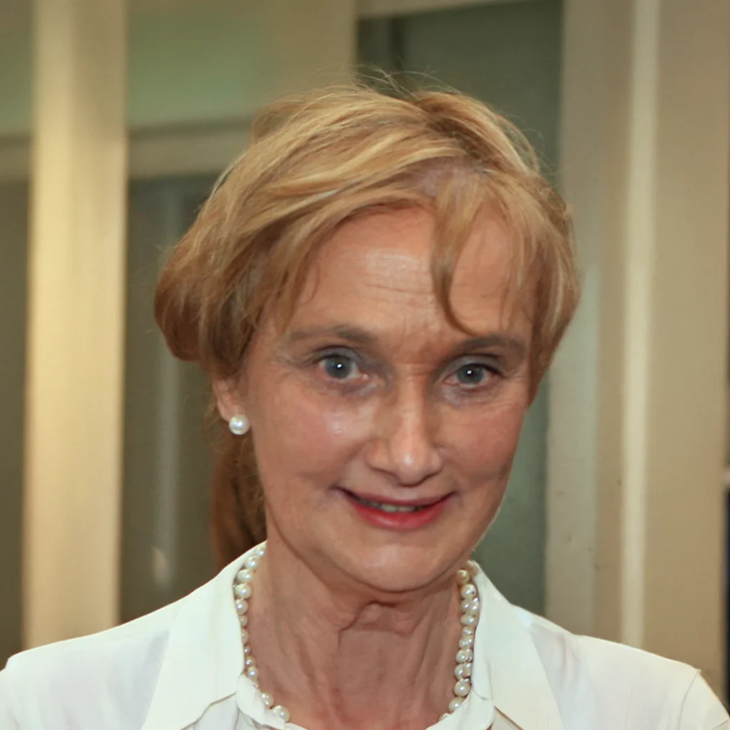 Elderly woman smiling in a white blouse and pearl necklace indoors.