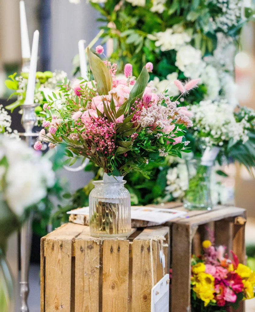 Vibrant pink bouquet in a glass vase on a wooden crate, surrounded by candles and greenery. Perfect for wedding decor.