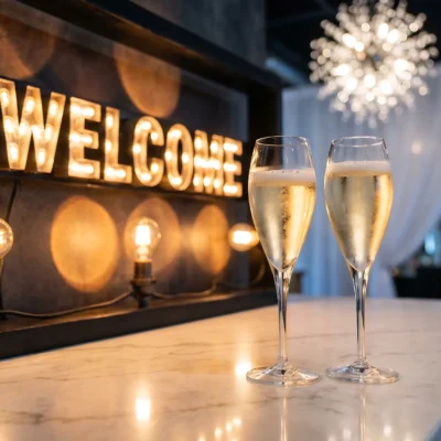 Cocktail in a welcome word with lighting