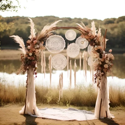 Bohemian outdoor wedding arch with dreamcatchers and floral decorations by a lake, ideal for nature-themed ceremonies.