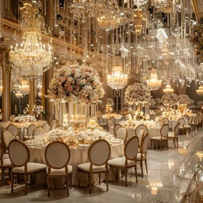 Luxurious wedding banquet hall with elegant chandeliers, floral centerpieces, and opulent decor.