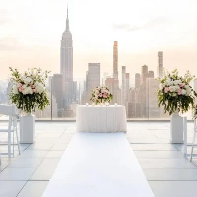 Rooftop wedding ceremony setup with city skyline view, white chairs, floral arrangements, and elegant decor.