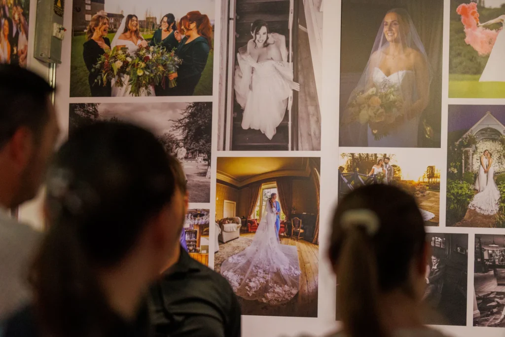 Visitors admiring a collage of wedding photos showcasing brides, bouquets, and ceremony moments.