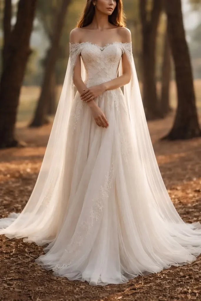 Bride in elegant off-shoulder wedding dress with flowing train in forest setting.