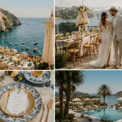 Romantic Mediterranean wedding scenery with ocean views, elegant tablescape, and a couple strolling by a banquet table.
