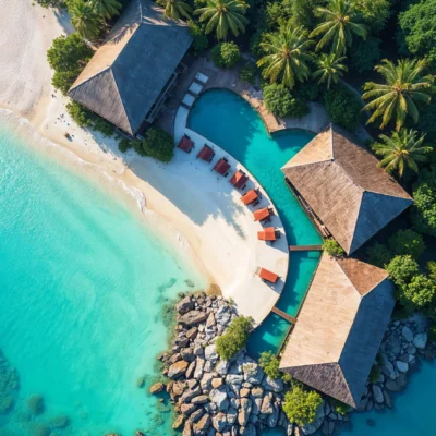 Aerial view of tropical island resort with turquoise waters, sandy beach, lush palm trees, and poolside loungers.