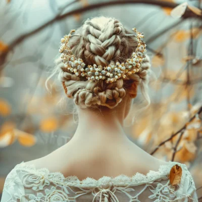 Elegant braided updo adorned with a sparkling crown, set against an autumn backdrop of blurred golden leaves.