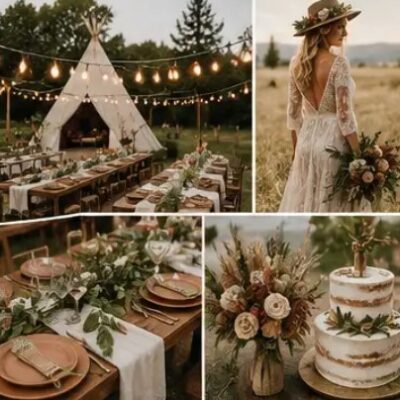 Boho outdoor wedding setup with rustic tables, floral decor, a two-tier cake, and vintage bride in lace gown.