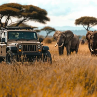 Safari jeep in African savanna with elephants nearby and acacia trees in the background.