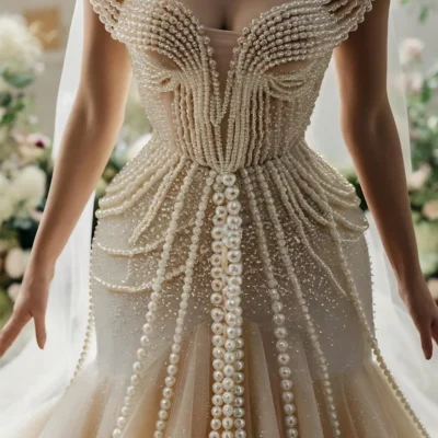 Elegant bridal gown adorned with pearls, featuring intricate beadwork and layered details.