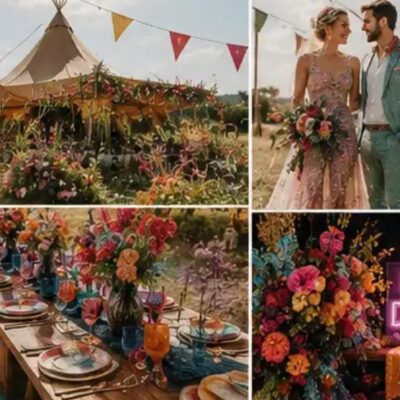 Colorful boho wedding scene with tipi tent, table setting, neon sign, and couple in floral attire. Vibrant and festive.