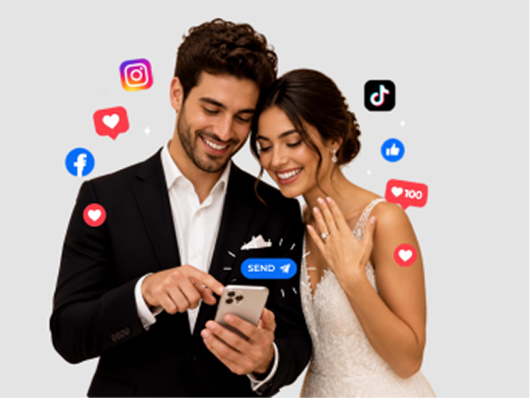 Bride and groom share joyful moment with smartphone, surrounded by social media icons, likes, and comments.
