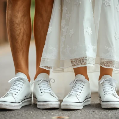 Bride and groom wearing white sneakers and wedding attire on a road, showcasing casual wedding style.