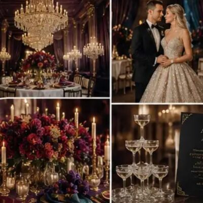 Luxurious wedding collage in an opulent ballroom with chandeliers, elegant couple, floral arrangements, and champagne tower.