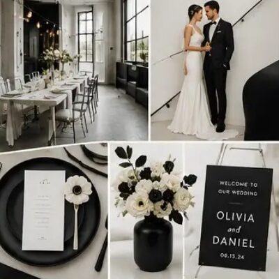 Stylish black and white wedding theme with elegant decor, floral centerpieces, and a couple posing in a modern venue.