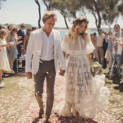 Bride and groom walking down the aisle outdoors, surrounded by cheering guests.