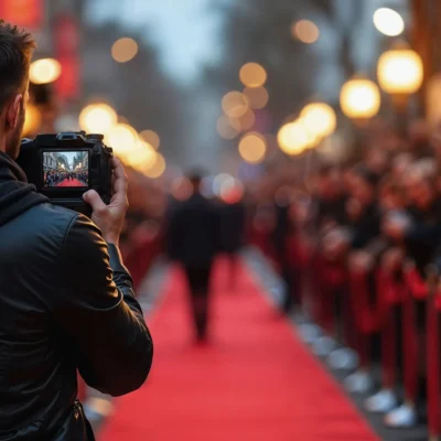 Photographer captures a celebrity walking on the red carpet at a glamorous event, with a crowd in the background.