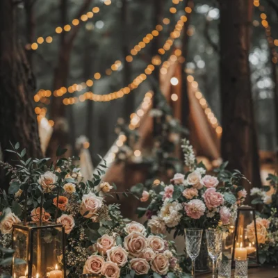 Woodland wedding table with floral centerpieces, candles, and string lights creating a romantic ambiance.