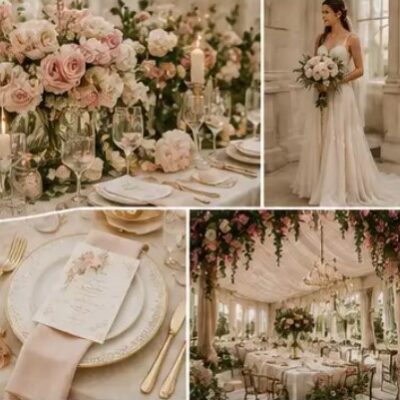 Romantic wedding scene with elegant floral arrangements, bridal gown, intricate table settings, and a lavish reception decor.